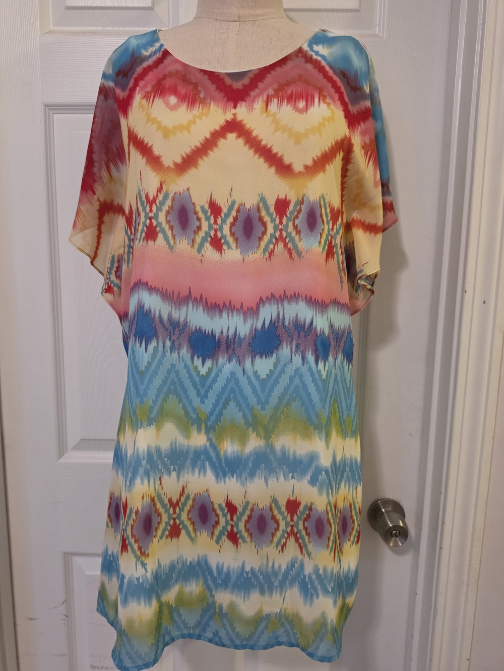 Rachel Kate Multicolor Ikat-Print Shift Dress - Blue, Pink, Yellow Size Small